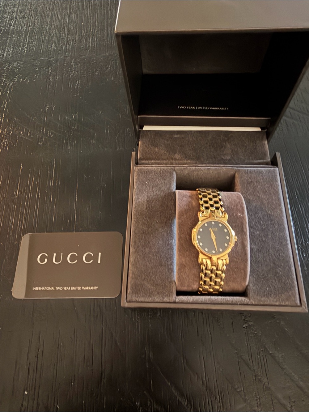 Gucci Gold Tone Bracelet Watch with Black Dial Vintage Classic